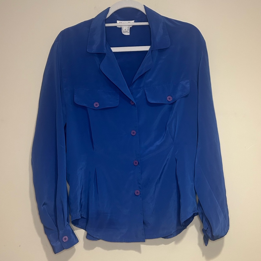 Vintage Christian Dior Chemises Blue Satin Like Top Sz 8